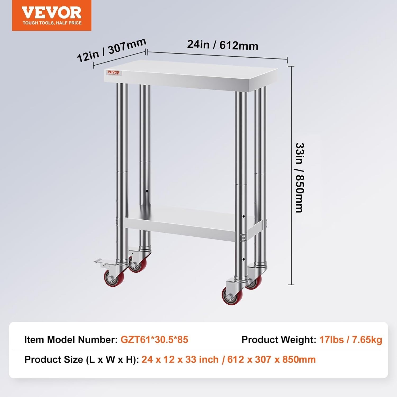 Stainless Steel Rolling Prep Table 24 x 12 x 34 Inch – Durable & Easy to Clean