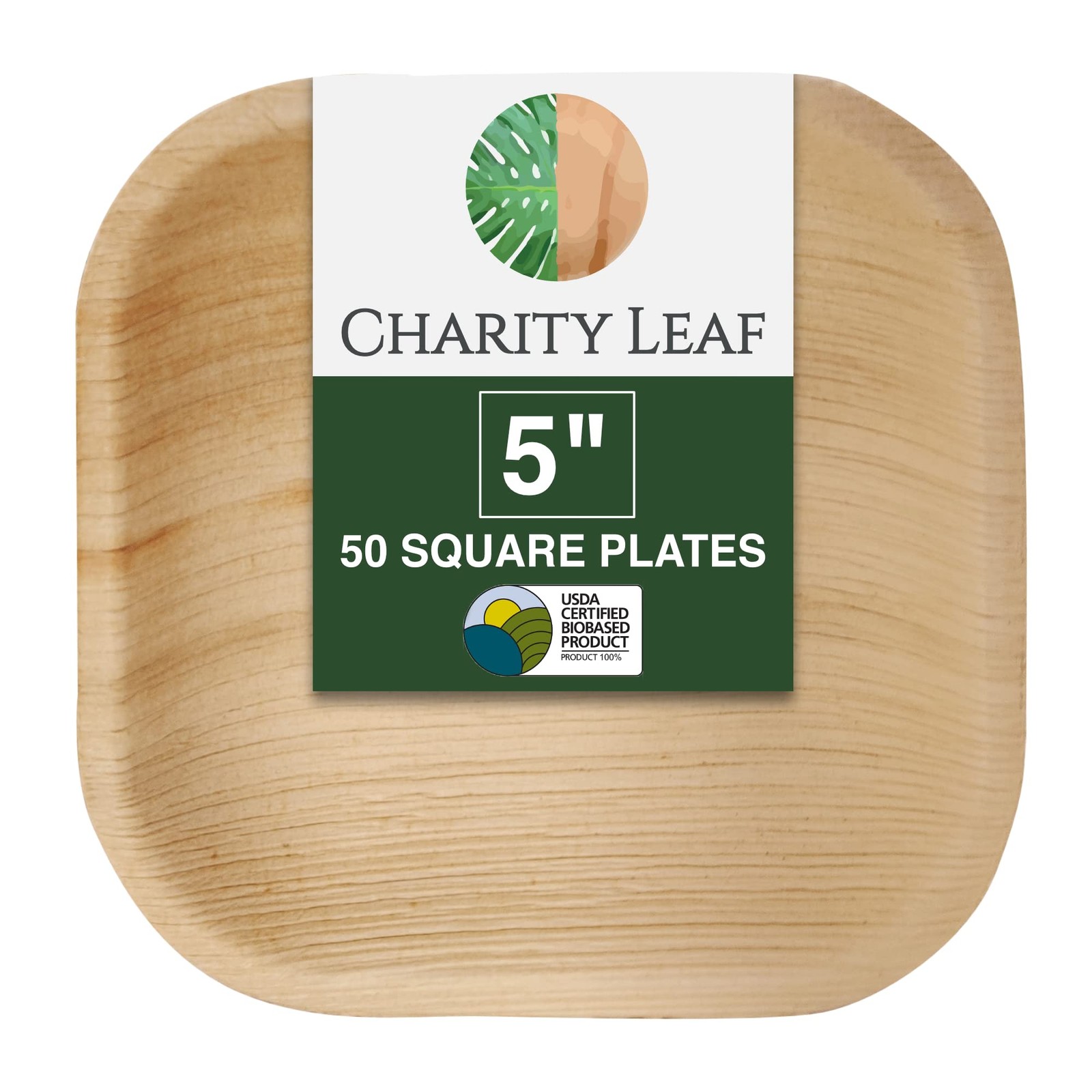 Charity Leaf Disposable Palm 5″ Square Plates Square, Natural Brown