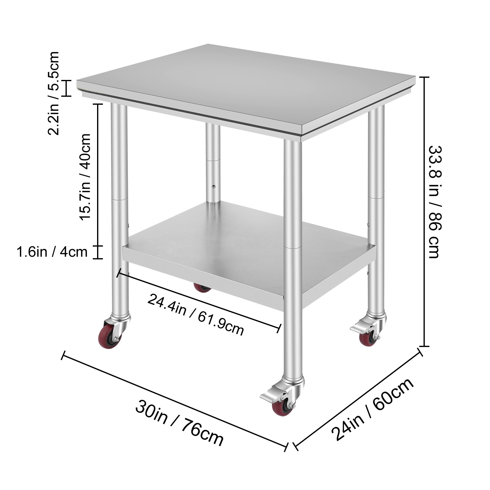 VEVOR Stainless Steel Work Table with Wheels 24×30 Inch Kitchen Food Prep Table