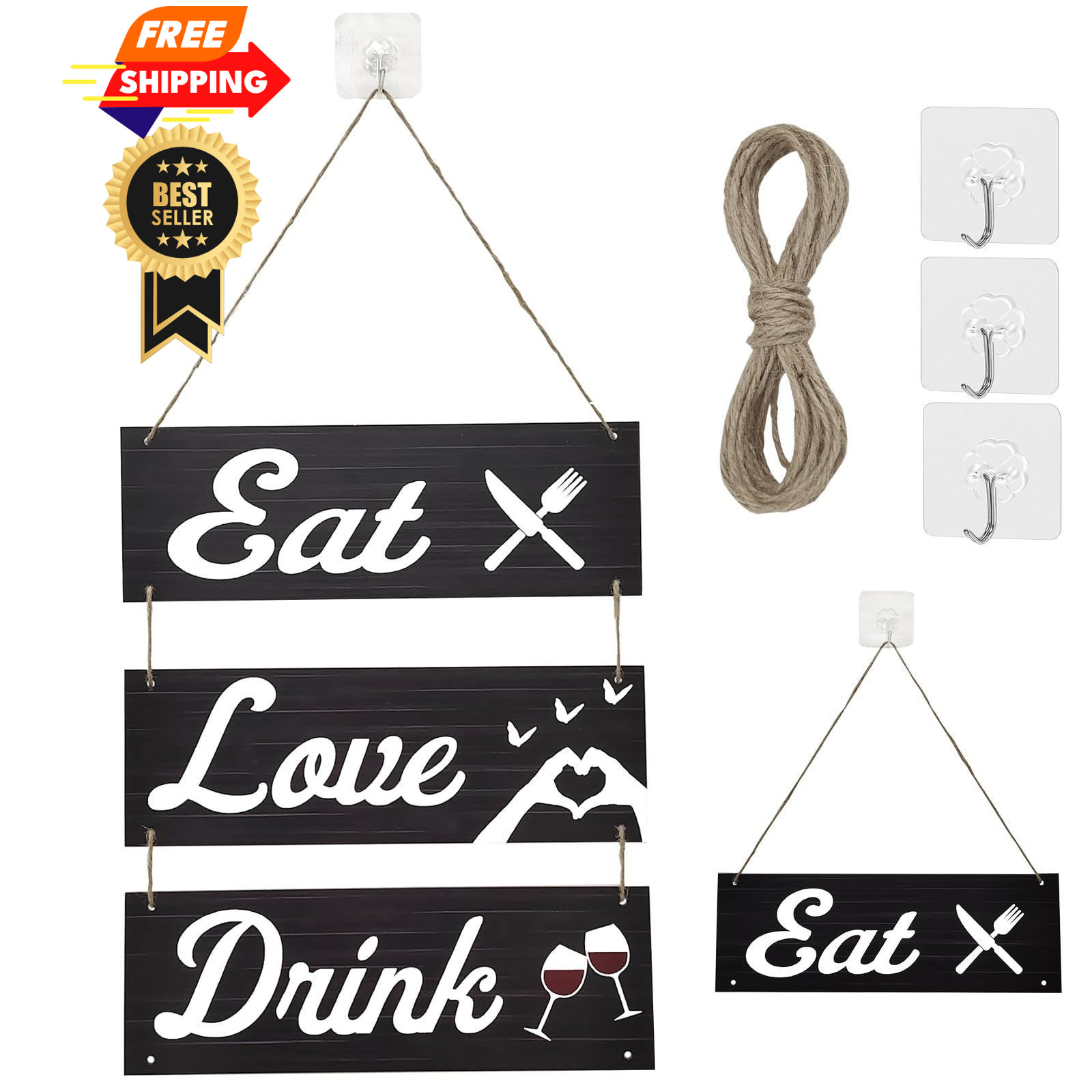 3 Pcs Farmhouse Kitchen Wall Decor Eat Sign, Love Black