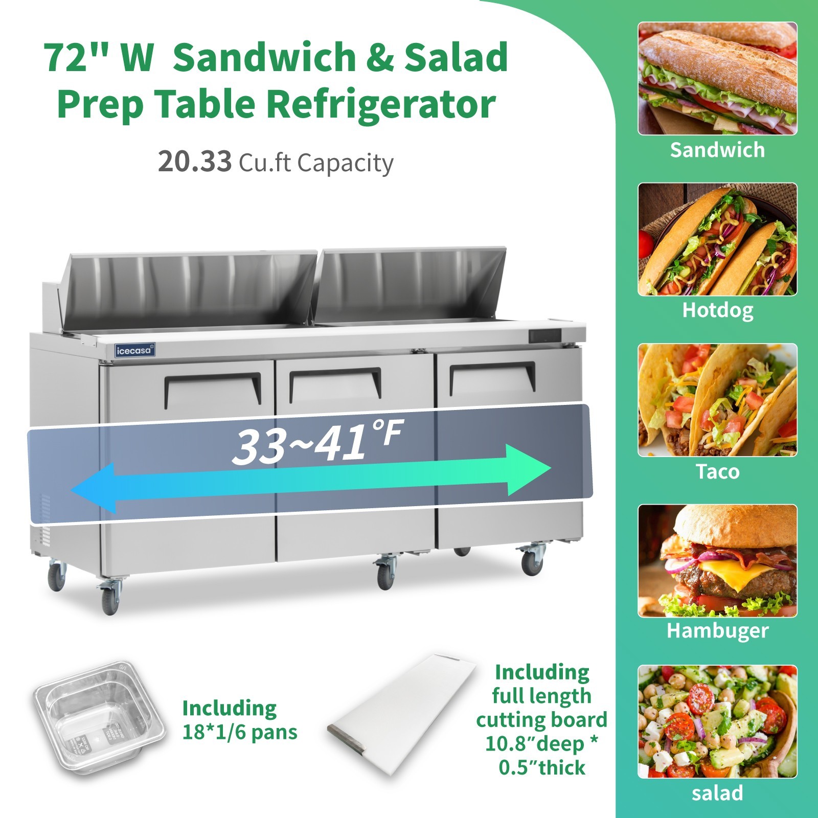 72″ Sandwich Prep Table Fridge, ICECASA 3 Door Food Bain Marie Cooler, 18 Pans