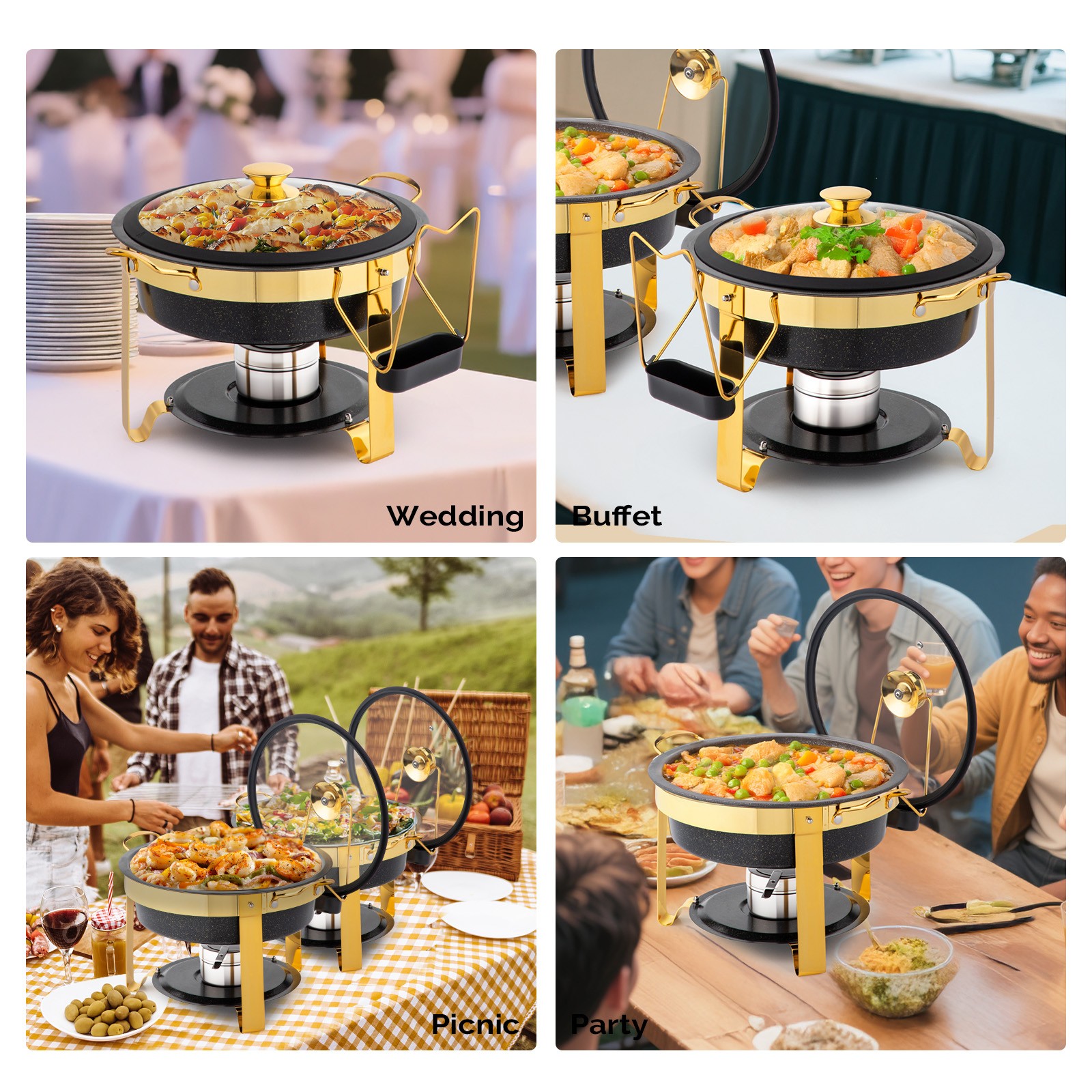 4-Pack 5QT Chafing Dish Set with Visible Glass Lid & Removable Lid Holder Black