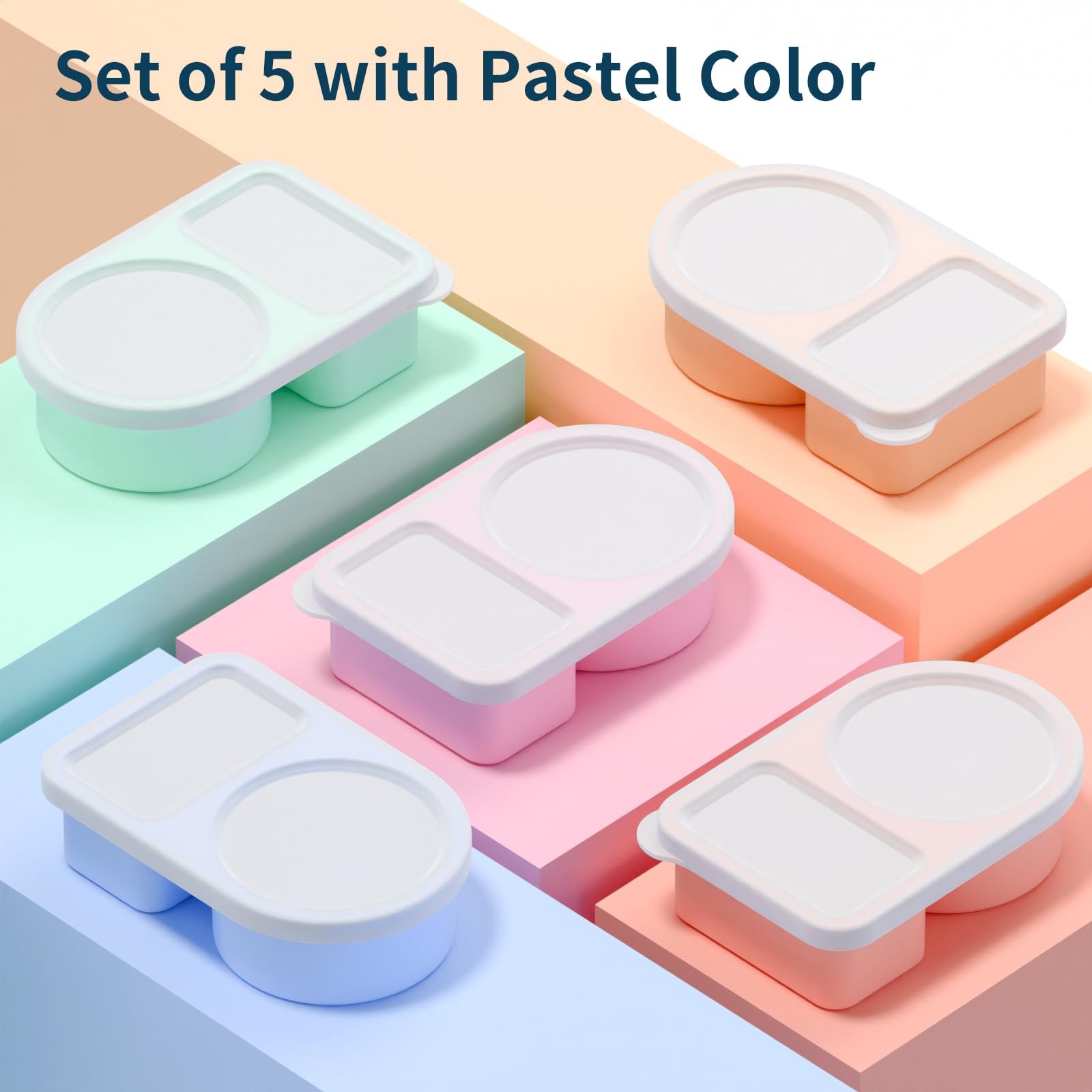 5 Pack Silicone Snack Containers, 2 Compartments Mini Size, Rainbow Color