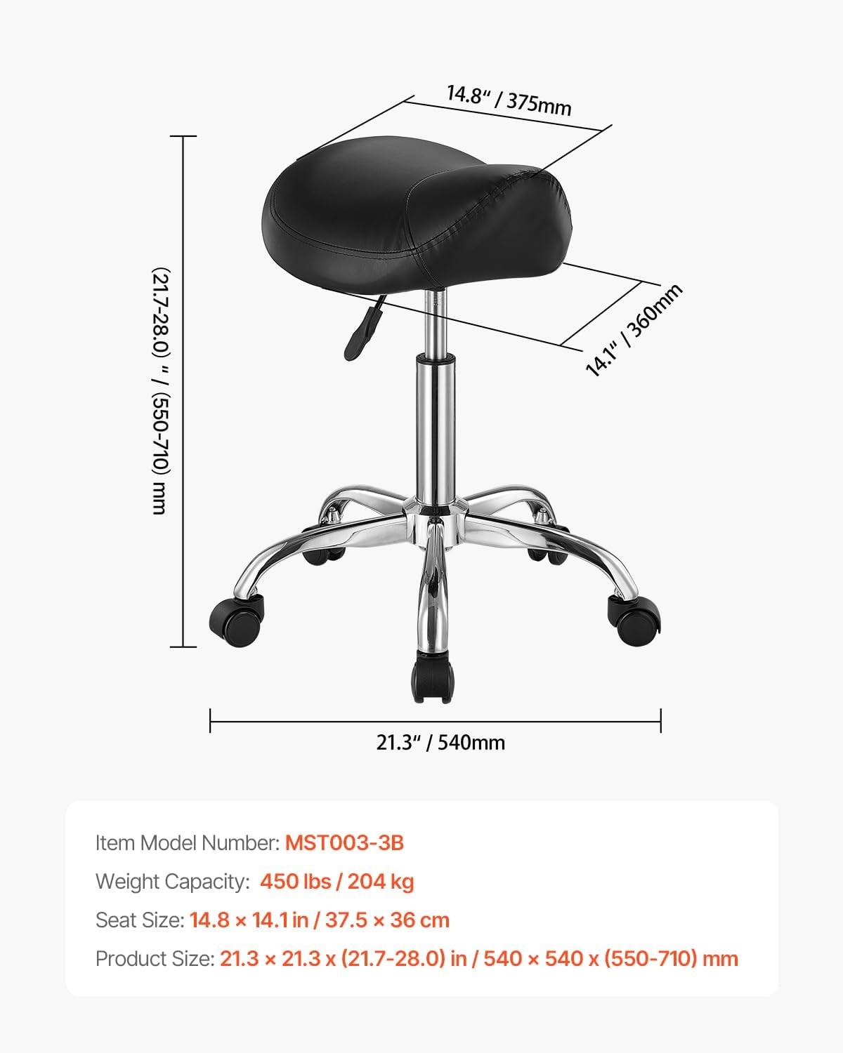 Saddle Stool with Wheels, 450 LBS Weight Capacity Ergonomic Rolling Stool,
