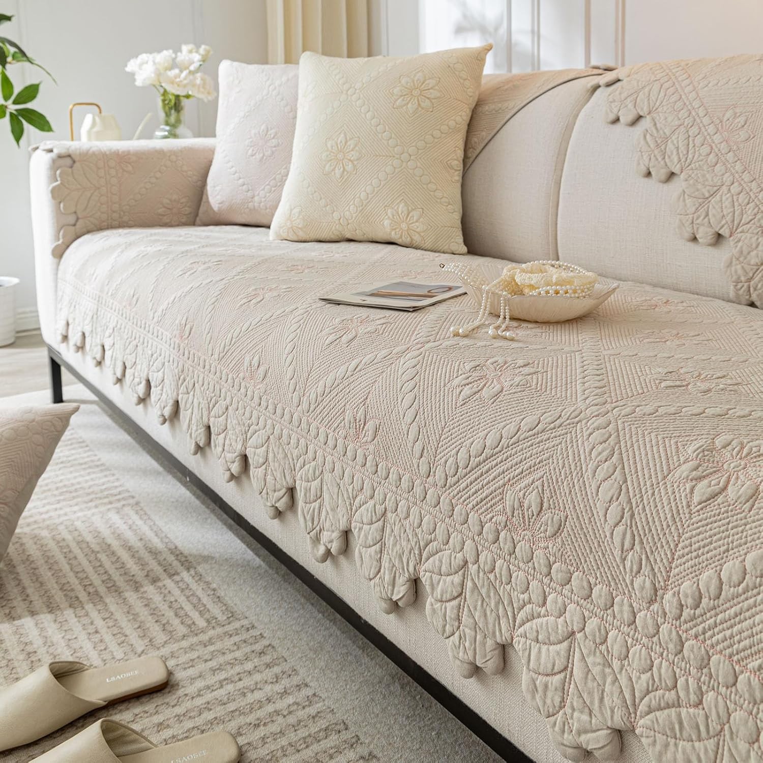 Cotton Quilted Dog Couch Cover for Sofa Farmhouse Rustic Embroidery Sectional