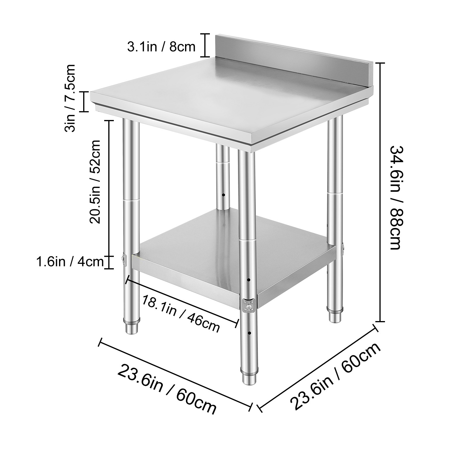 VEVOR Stainless Steel Work Table 24″X24″X34″ w/ Backsplash Food Prep Work Table
