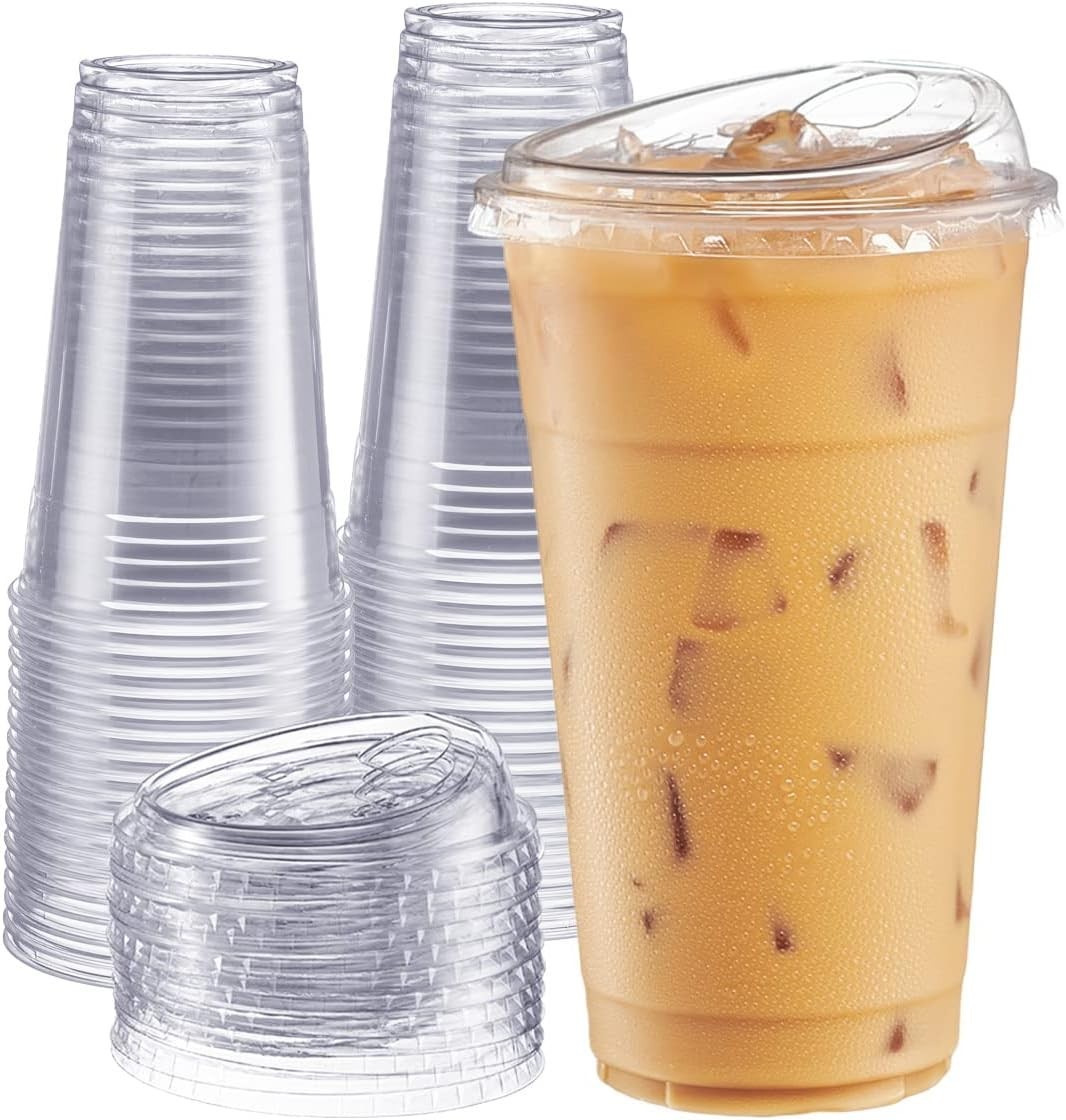 Plastic Cups 24 Oz. – 100 Sets Crystal Clear PlasticCups with Strawless Sip-Lids