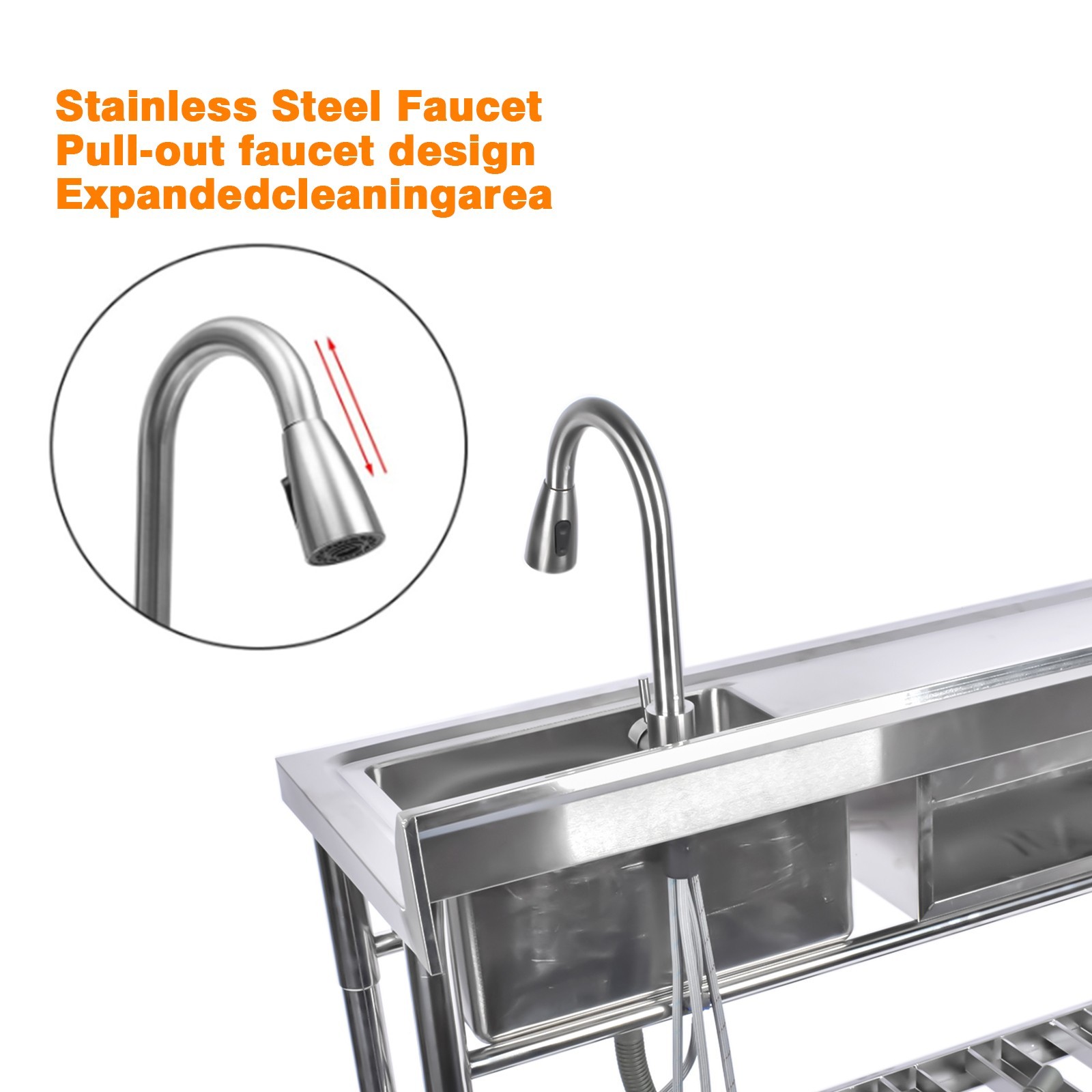 Freestanding Stainless Steel Utility Sink with Cabinet Pull-Out Faucet