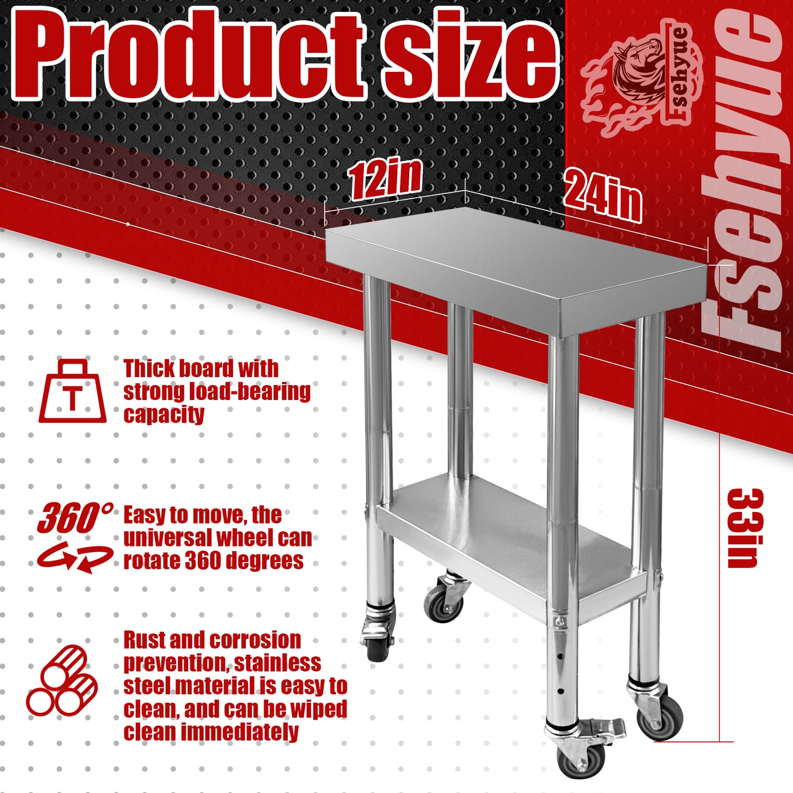 New Table with 4 Casters Stainless Steel Work Table 24 x 12 x 32 Inch