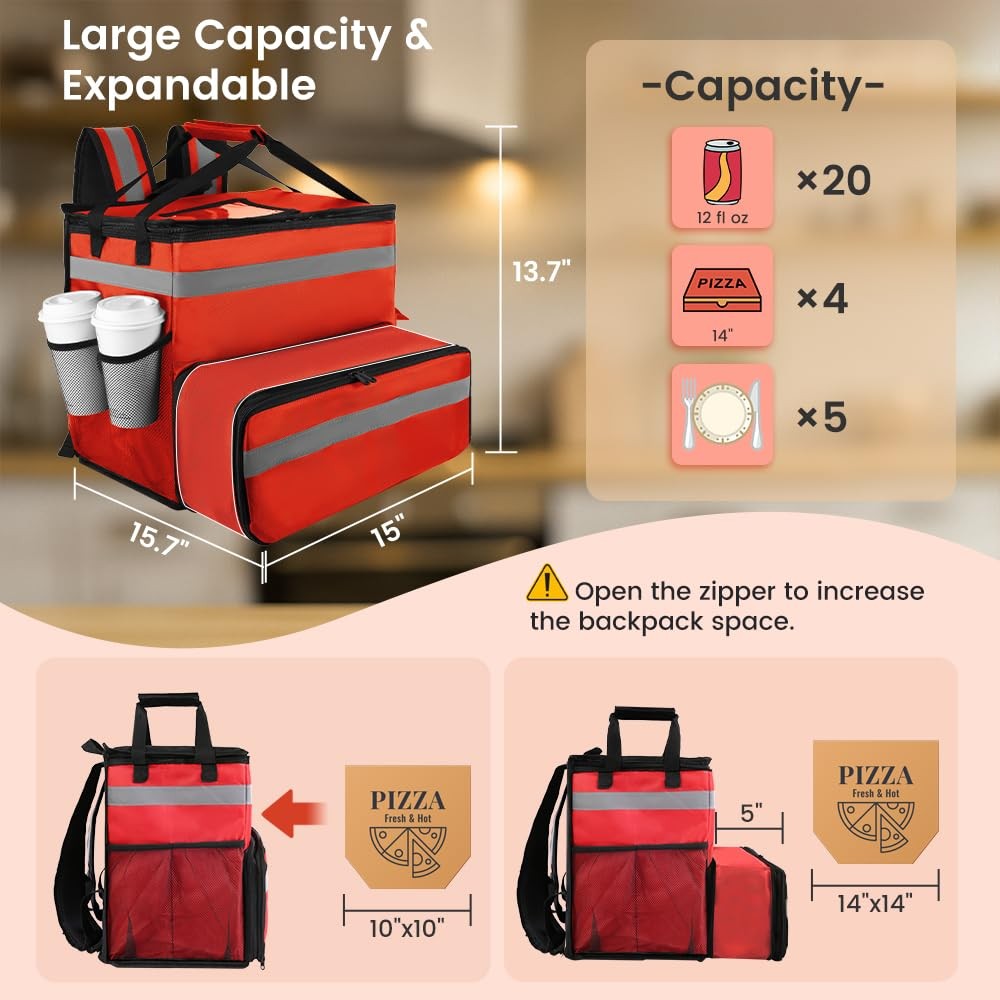 Large Insulated Food Delivery Backpack Expandable Capacity Bag for DoorDash