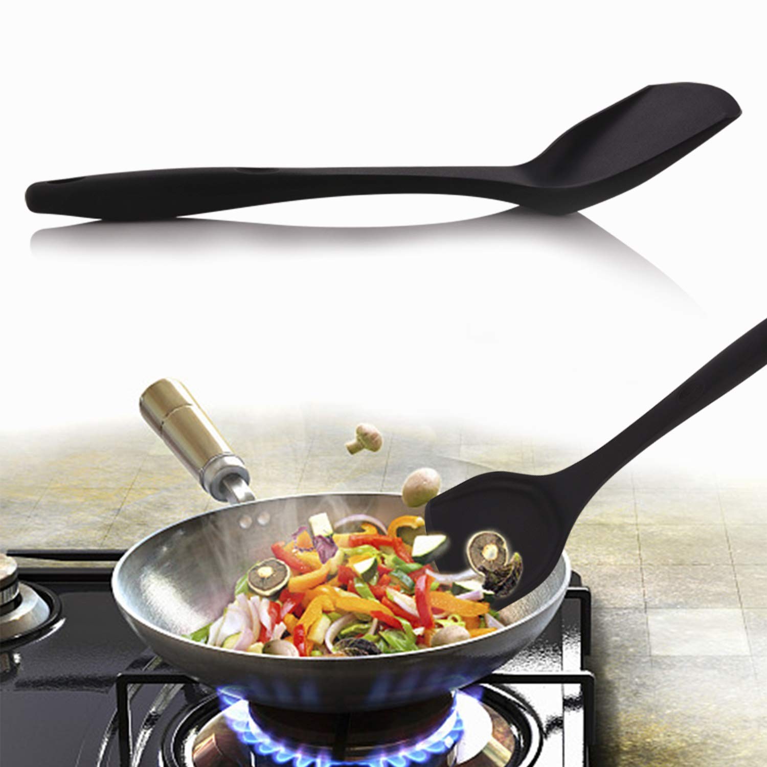Silicone Wok Turner, Heat Resistant Solid 12.8″ * 3.86″ Black, Black