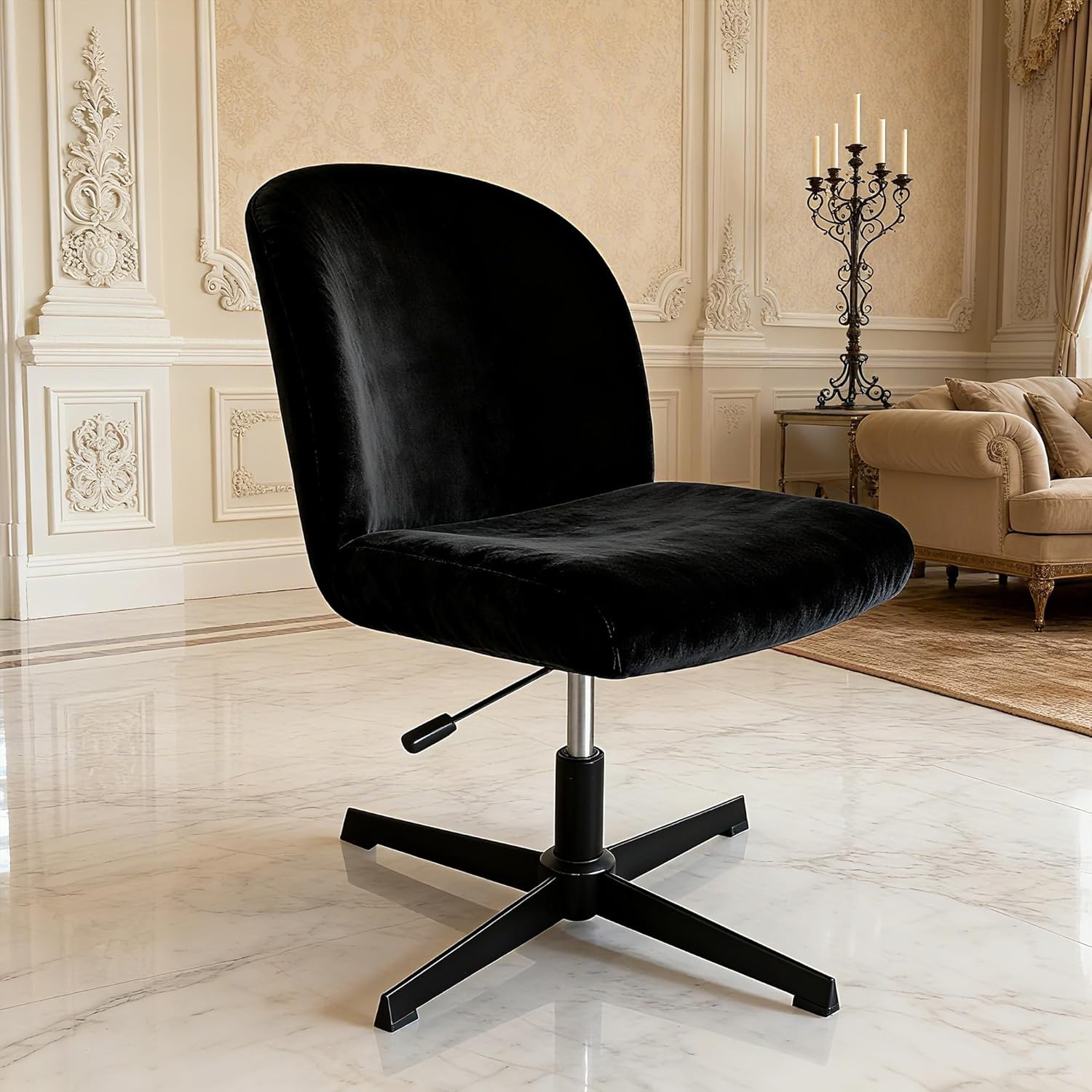 Black Criss Cross Office Desk Chair Cover Velvet Stretch Wide Armless Vanity