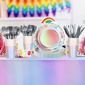 Iridescent Party Decorations,132 Pcs Disposable Iridescent Party Plates Cups