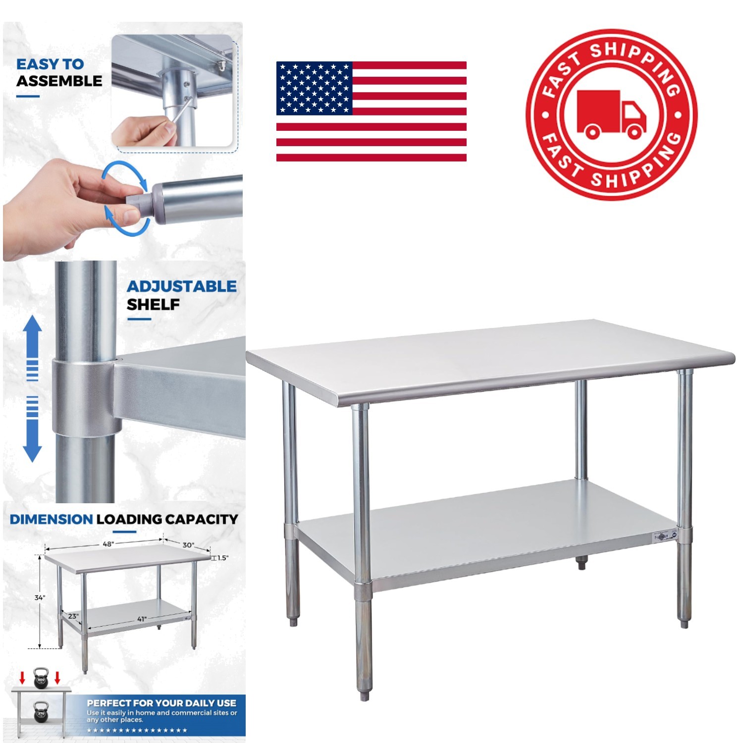 48×30 Inch Stainless Steel Prep Table Adjustable Height for Home or Restaurant