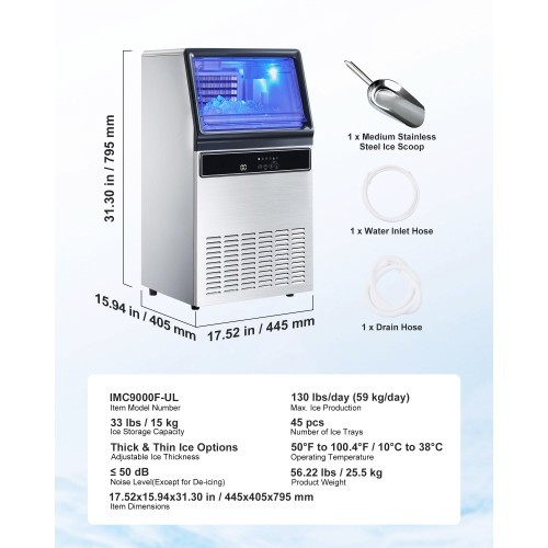Commercial Ice Maker Machine, 130Lbs/24H with 33Lbs Storage, 45 Cubes per Cycle