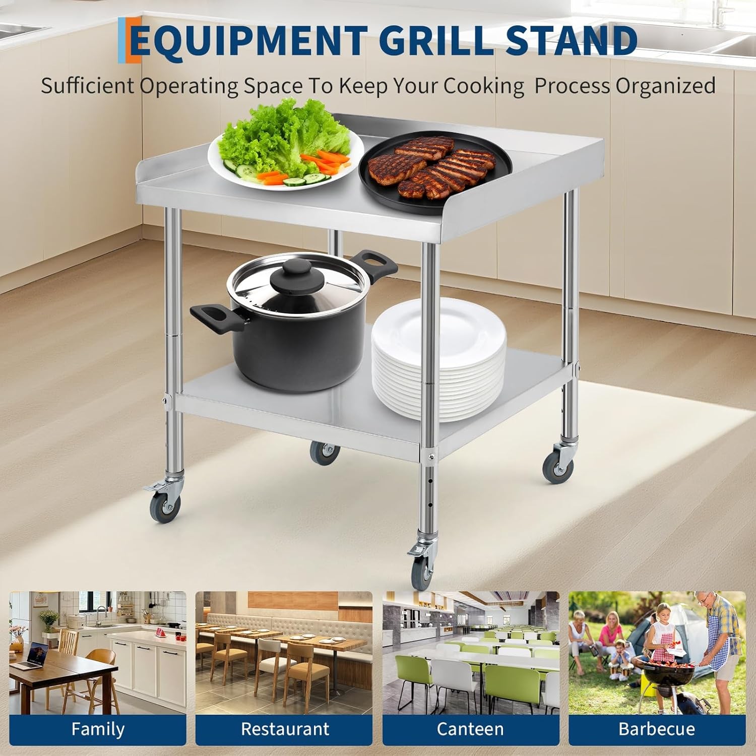 24×24″ Stainless Steel Grill Stand Table Commercial Kitchen Food Table w/ Wheels