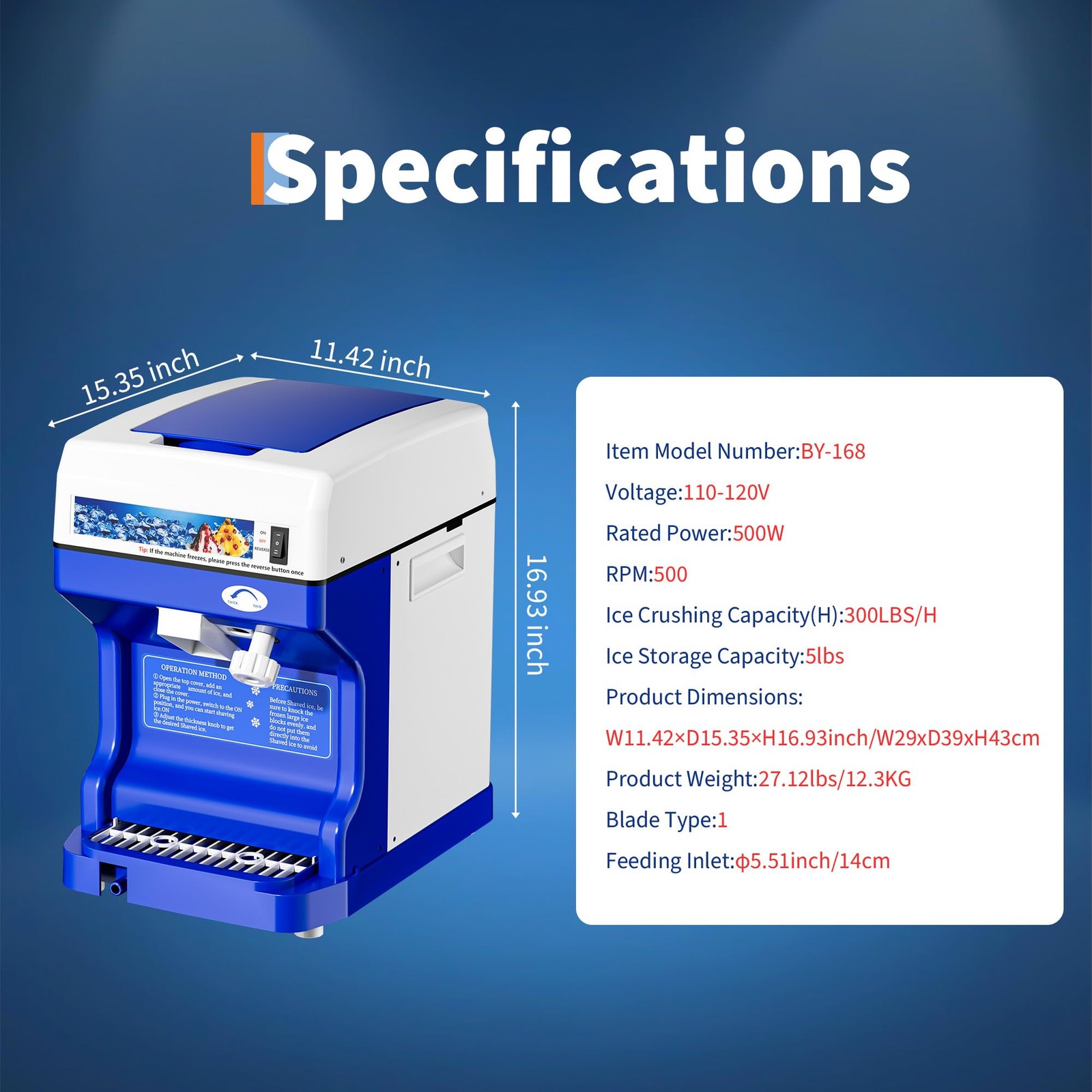 Electric Ice Shaver Machine 300LBS/H, 500W, 500RPM, Tabletop Snow Cone Crusher