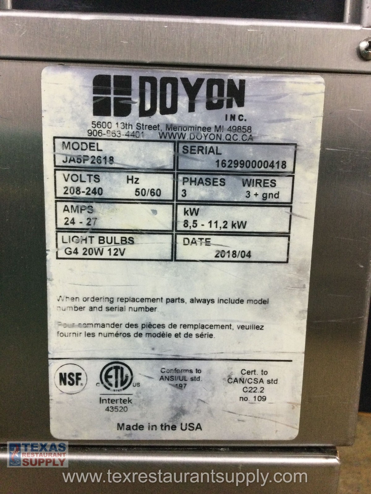 Doyon JA5P2618 Electric BAKING Bread Convection Oven & Proofer Year 2018