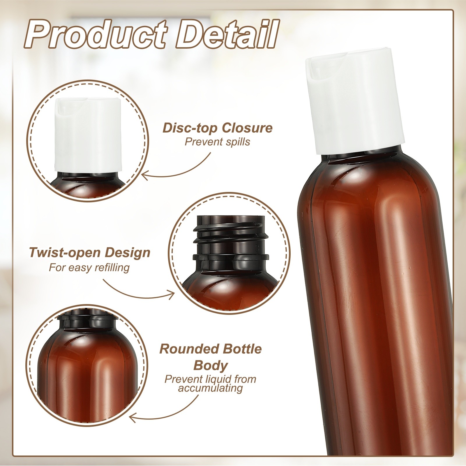 6Pcs 2oz Plastic Travel Bottles, Empty Bottles with White Top Caps, Brown