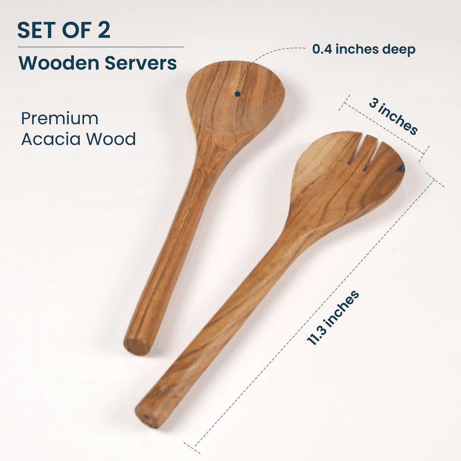 The Fine Living Co. Acacia Salad Servers 11 Inches Wooden Spoon Handcrafted