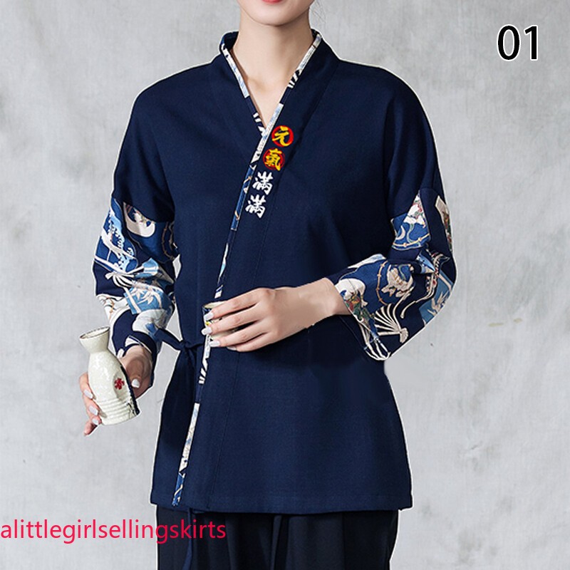 M-2XL Sushi Chef Kimono Style Coat Uniform Waiter Overalls Japanese Work Jacket