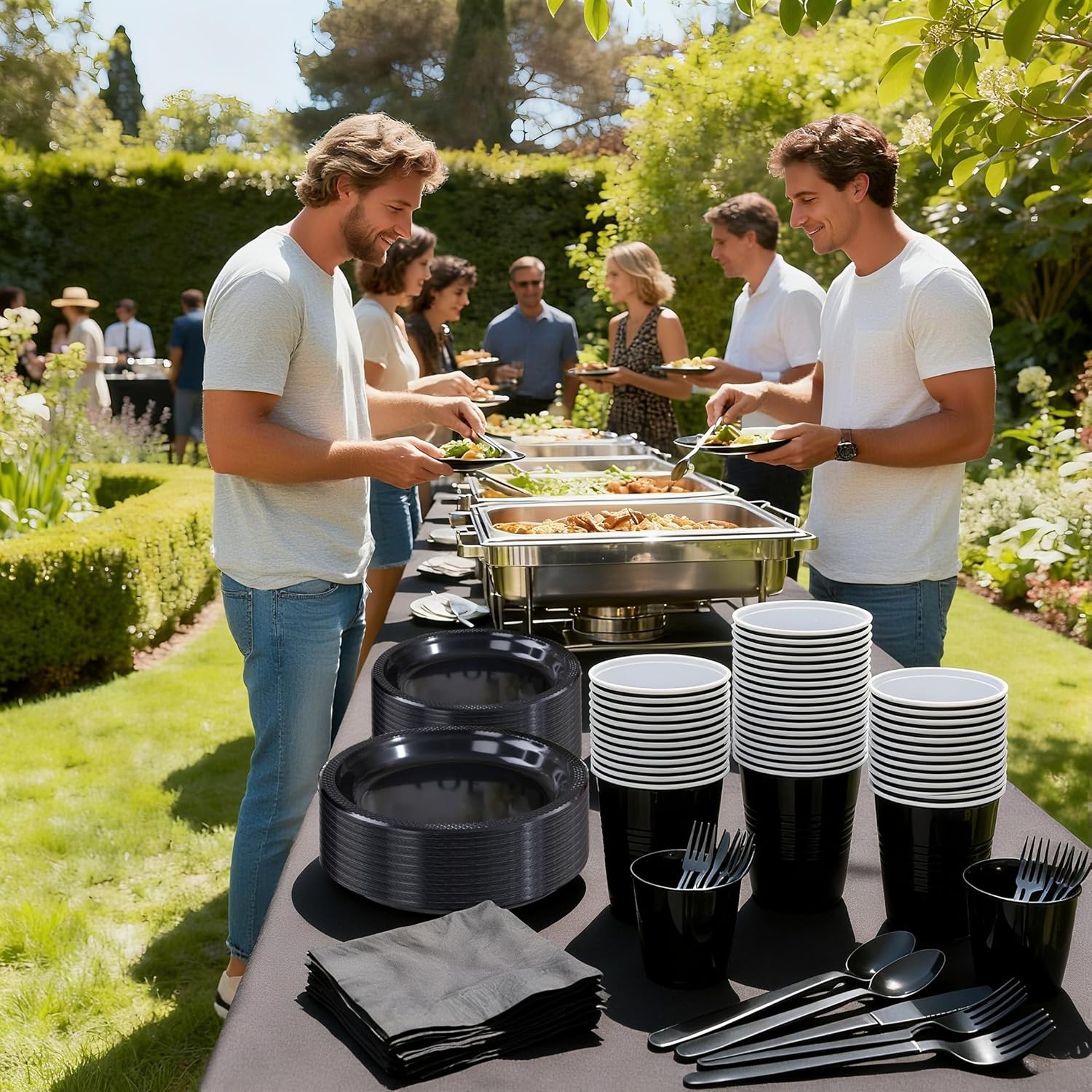 210 PCS Black Plastic Plates for 30 Guests – Disposable Dinnerware Set Including