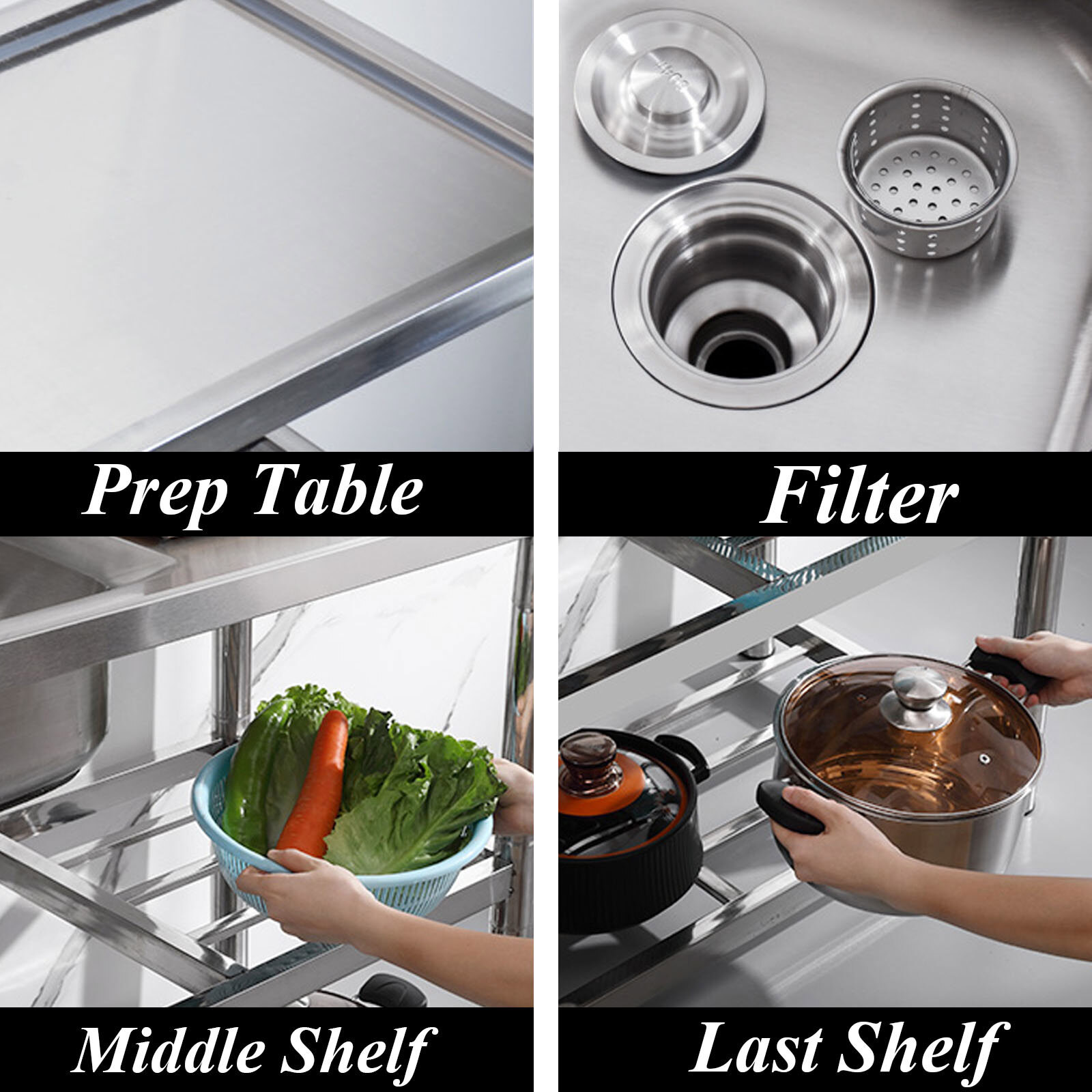 Stainless Steel Commercial Sink Kitchen Utility Sink 2 Compartments + Prep Table