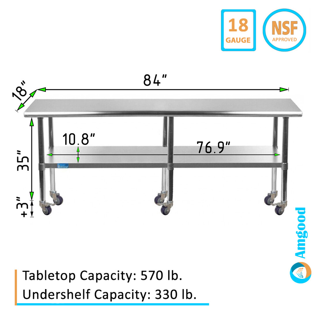 18″ X 84″ Stainless Steel Table With Wheels | NSF Prep Metal Work Table Casters