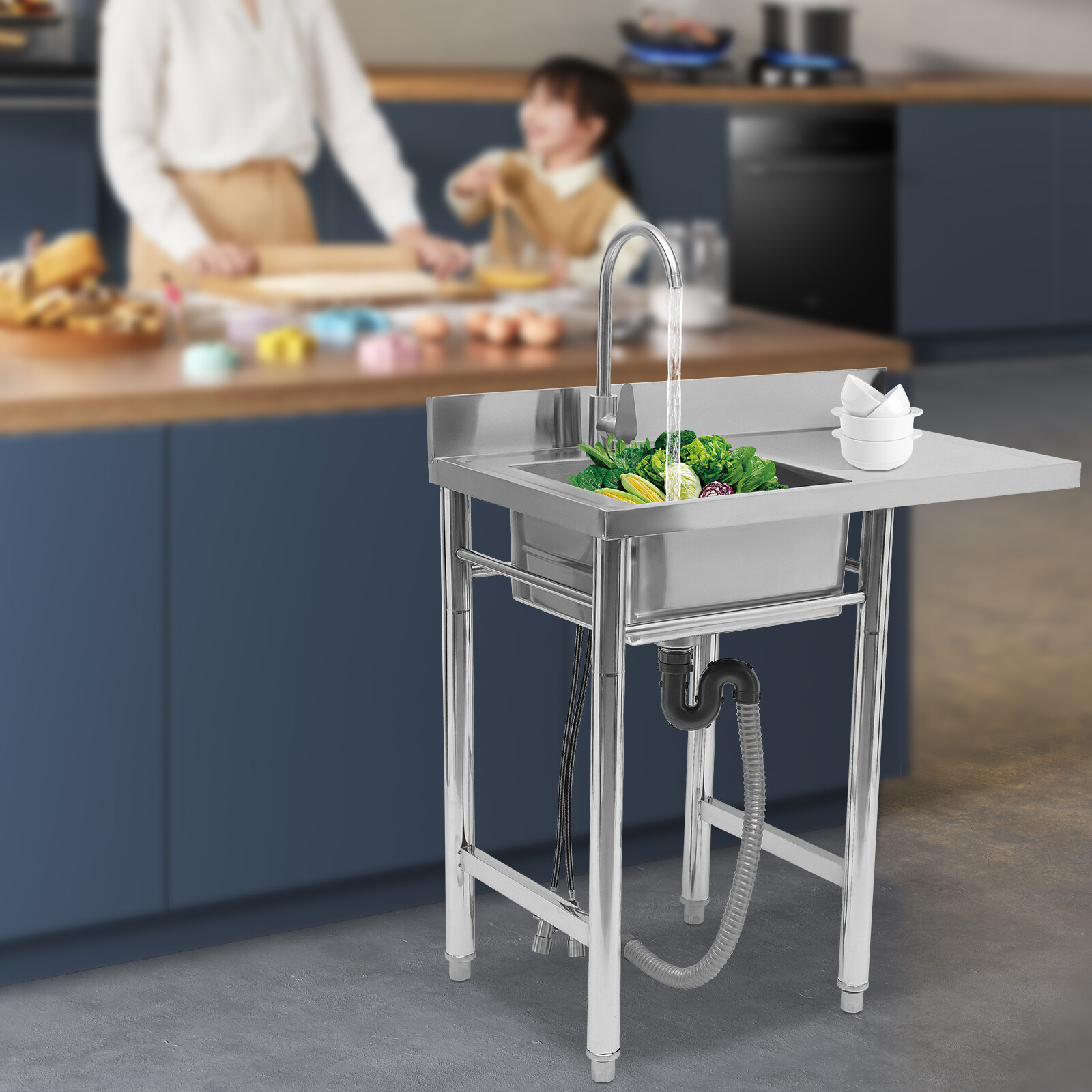 Commercial Kitchen Sink Prep Table with Faucet 304 Stainless Steel 1 Compartment