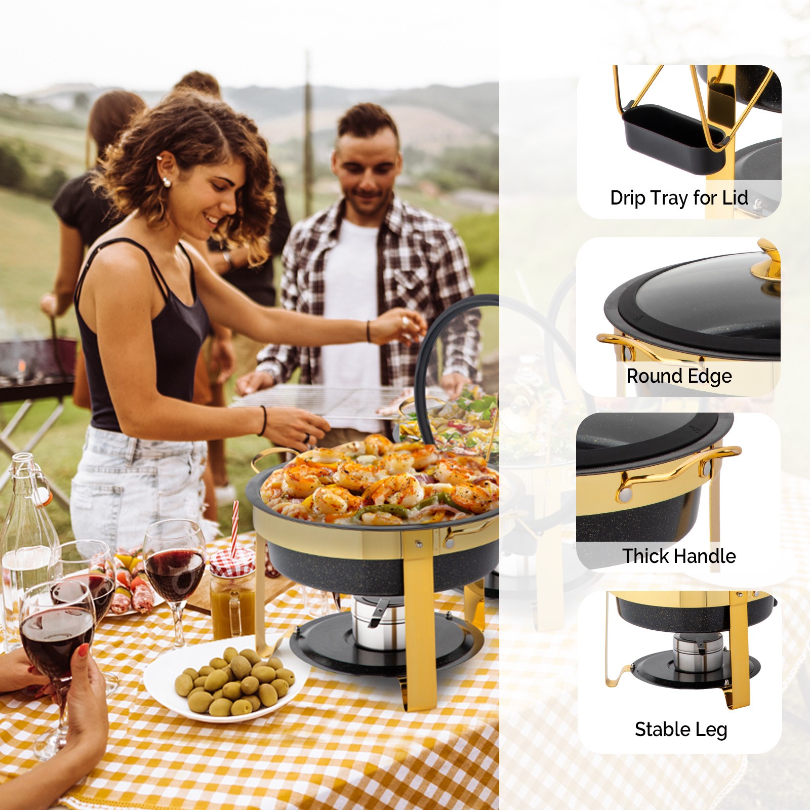 4-Pack 5QT Chafing Dish Set with Visible Glass Lid & Removable Lid Holder Black