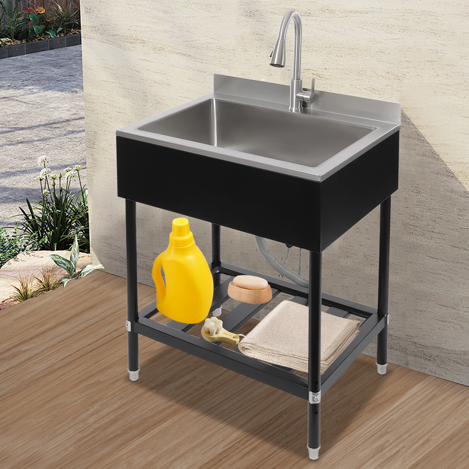30 Inch Stainless Steel Utility Sink Single Bowl Commercial Sink w/ 360° Faucet