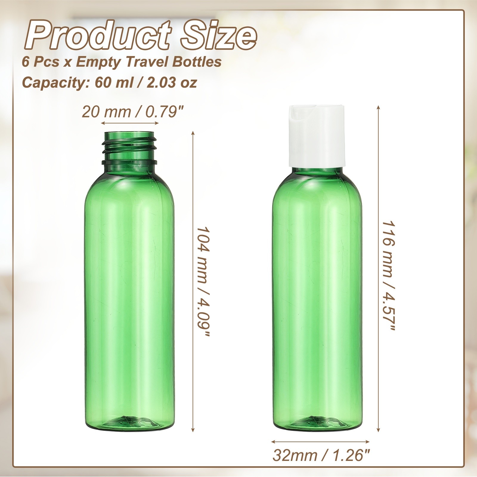 6Pcs 2oz Plastic Travel Bottles, Empty Bottles with White Top Caps, Green