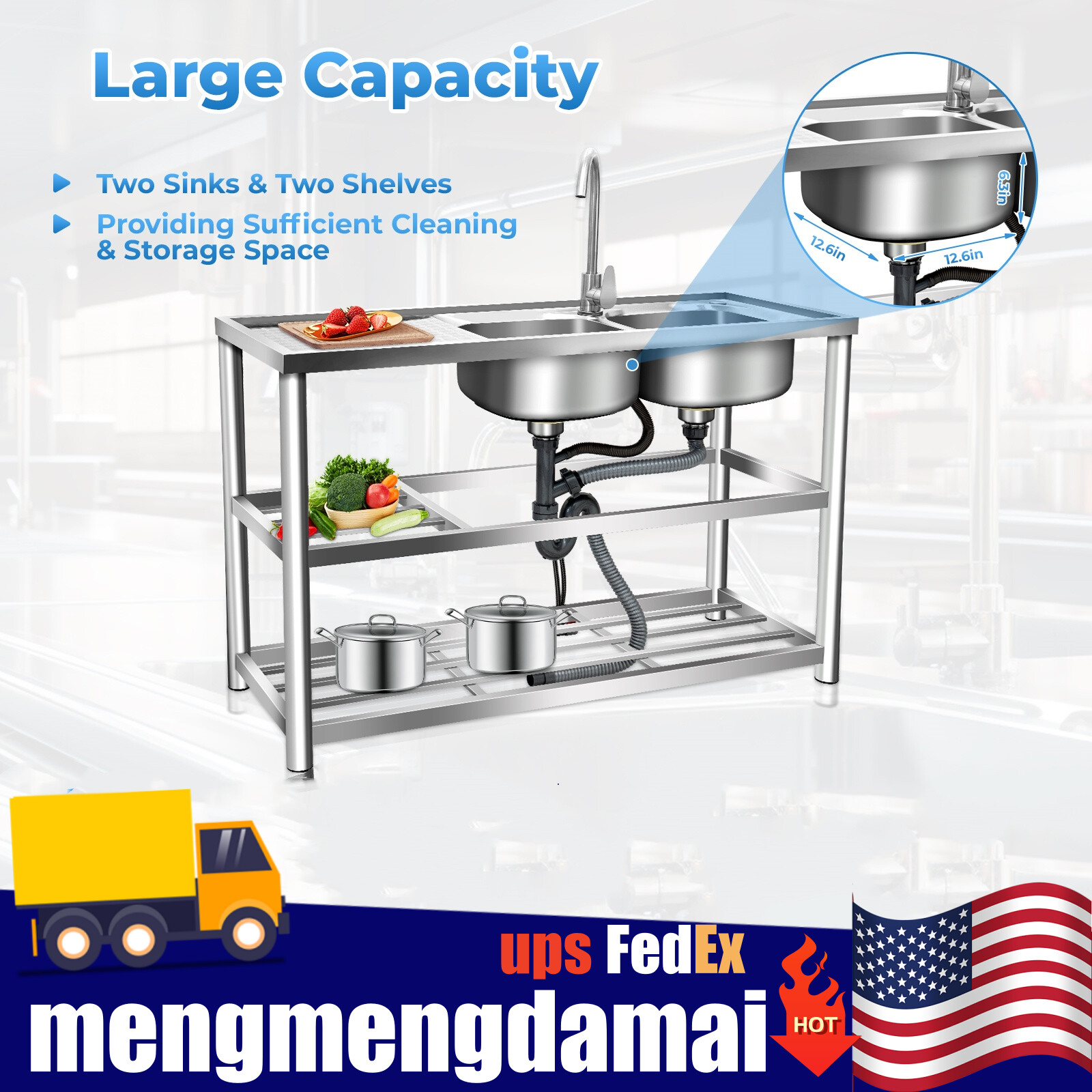 Commercial Sink Stainless Steel Kitchen Utility Sink 2 Compartment + Prep Table