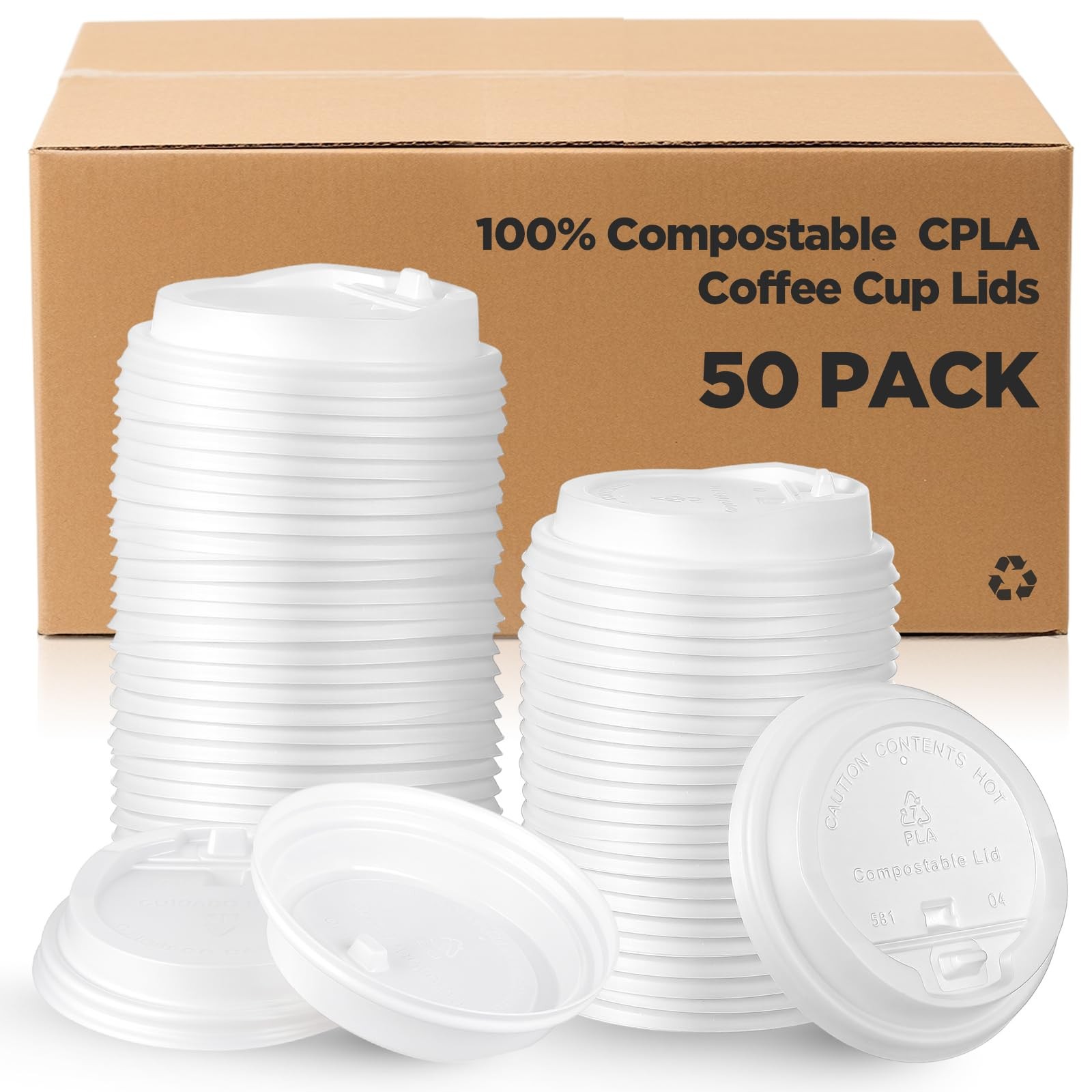 50 Count 100% Compostable CPLA Coffee Cups Lids Bulk 3.54 Inch White Disposab…