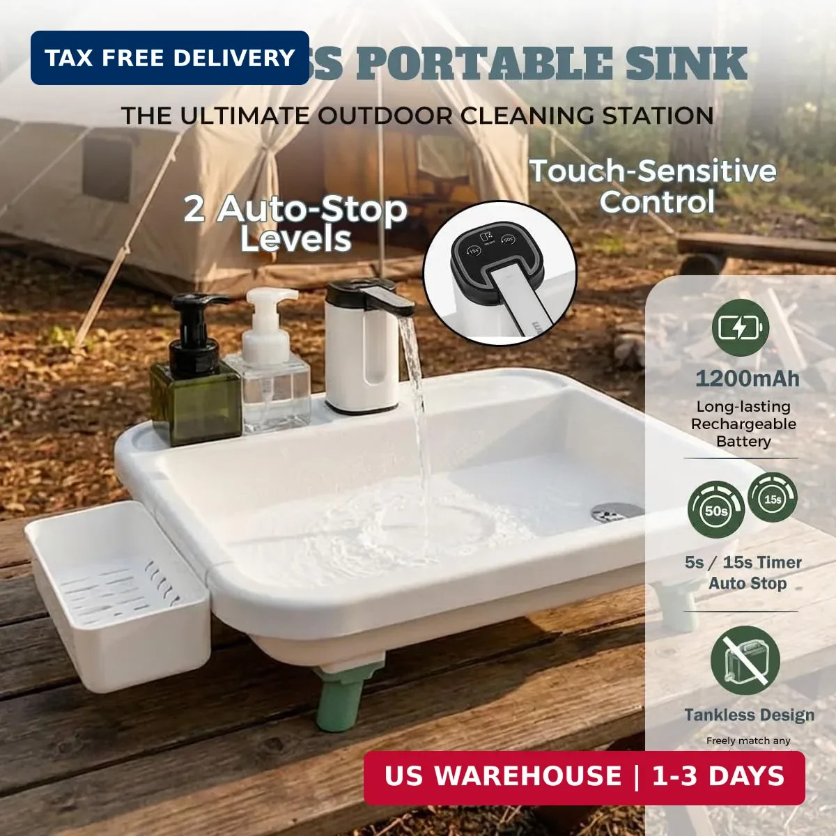 Portable Hand Washing Station with Electronic Faucet Adjustable Outdoor Sink Sta