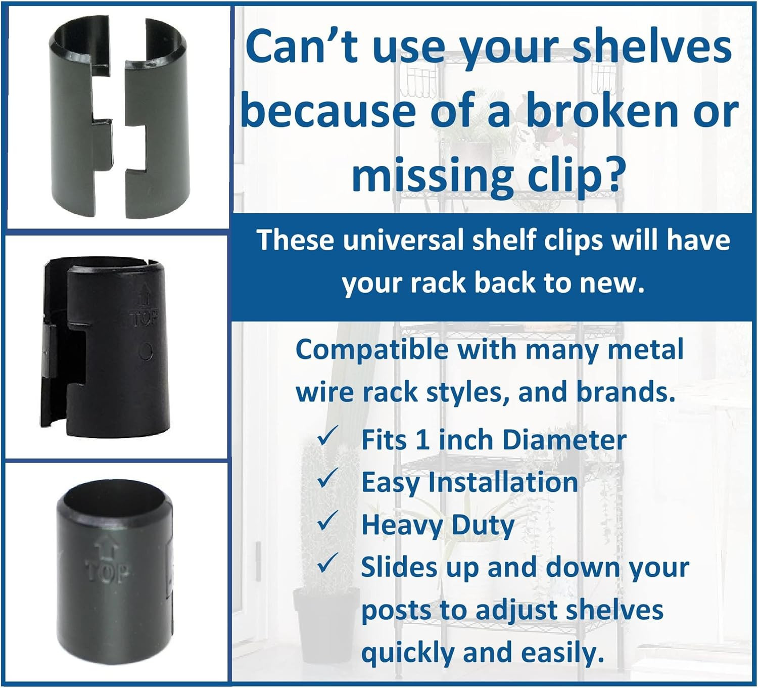 1″ Diameter Post Wire Shelf Clips Shelving Split Sleeves Lock Metal Rack Locking