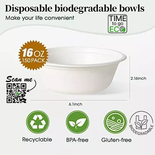 100% Compostable Paper Bowls [16 oz.] – 150 Disposable Bowls Eco Tree Free