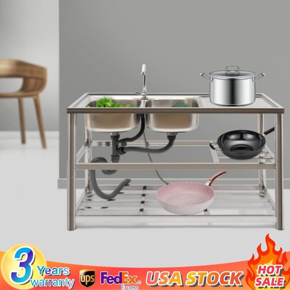 Stainless Steel Commercial Sink Utility Sink 2 Compartment Kitchen w/Prep Table