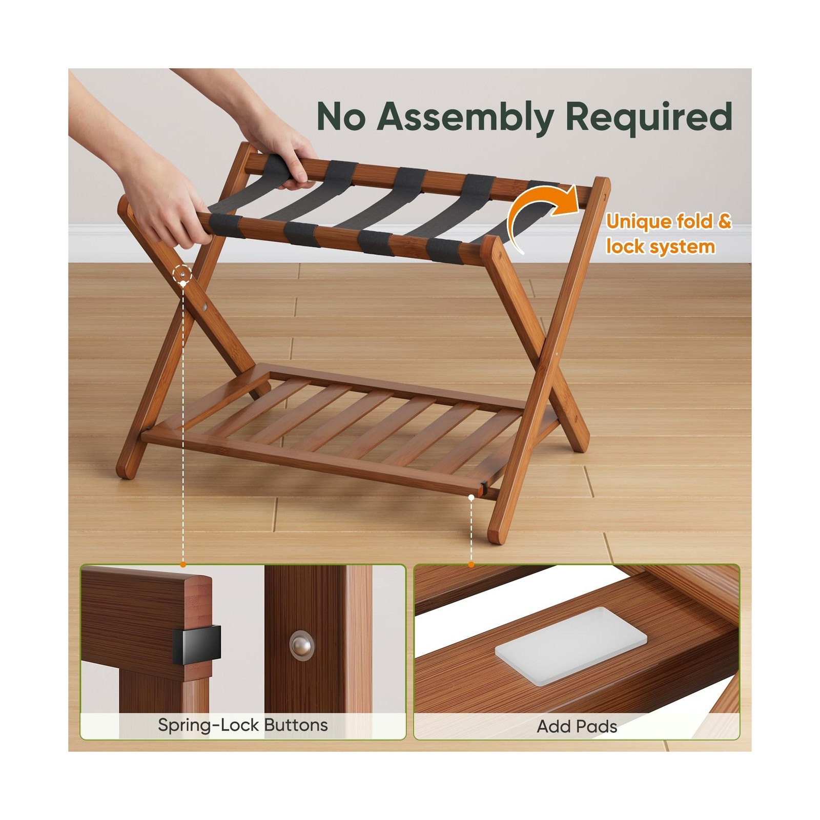 Smart FENDEE Bamboo Luggage Rack Fully Assembled, Walnut Folding Suitcase Sta…