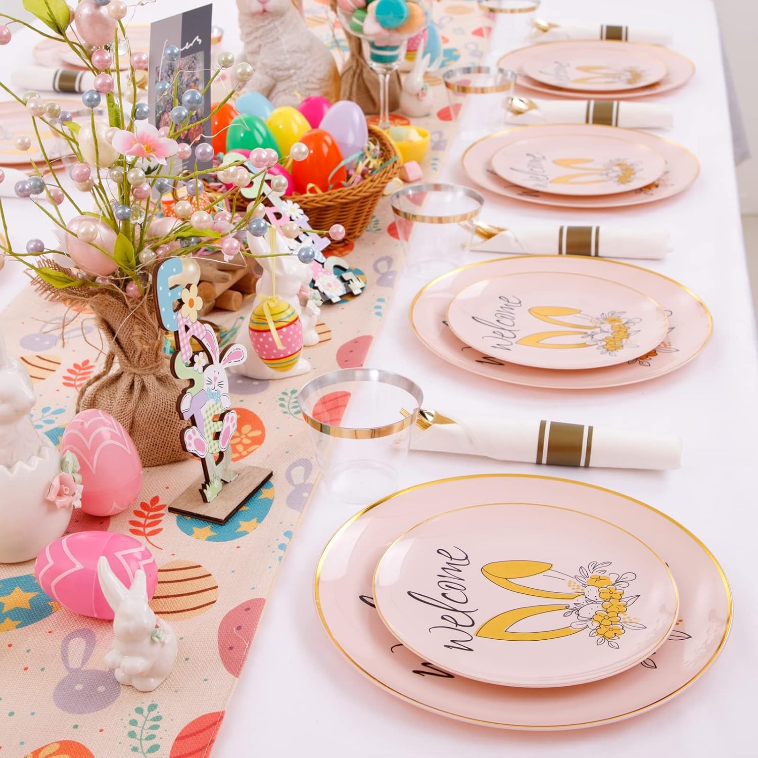 210Pcs Easter Plastic Plates,Pink Gold Party Plates with Bunny Egg Design