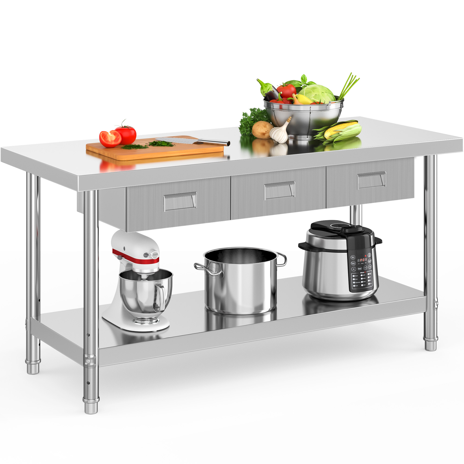 60″X24″Stainless Steel Table Metal Table Work Table w/3 Drawers for Home Kitchen