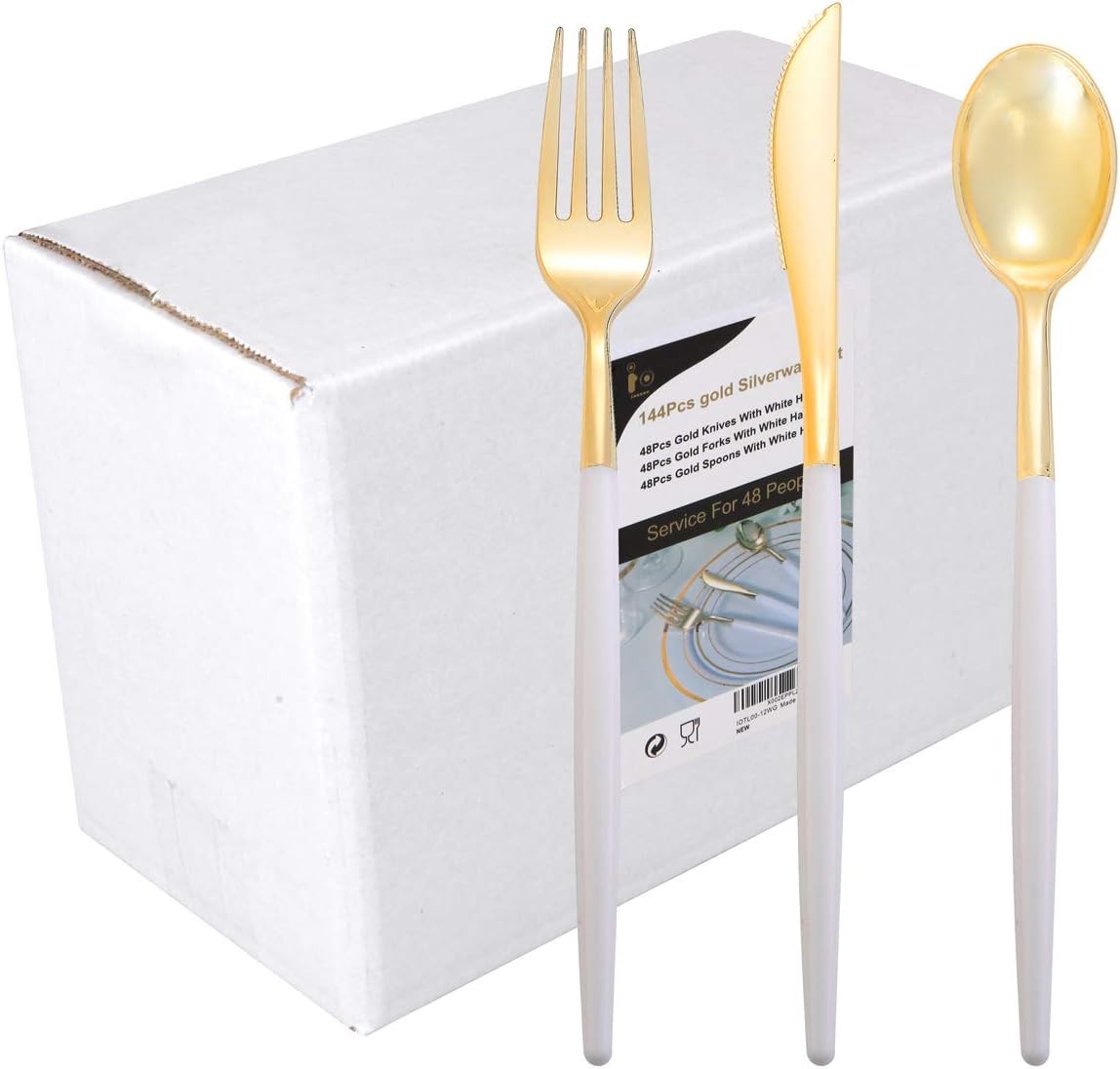 144Pcs Gold Plastic Silverware, Gold Plastic Utensils Set,Disposable Utensils