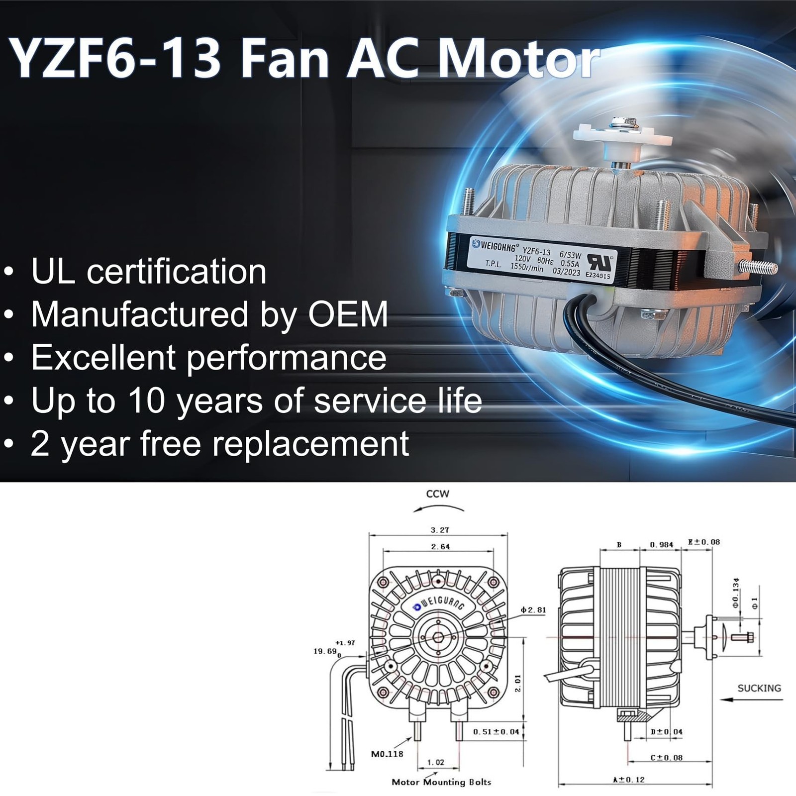 YZF6-13 Fan AC Motor 120V 6/33W 0.55A 60Hz 1550r Shaded Pole Condenser Motor