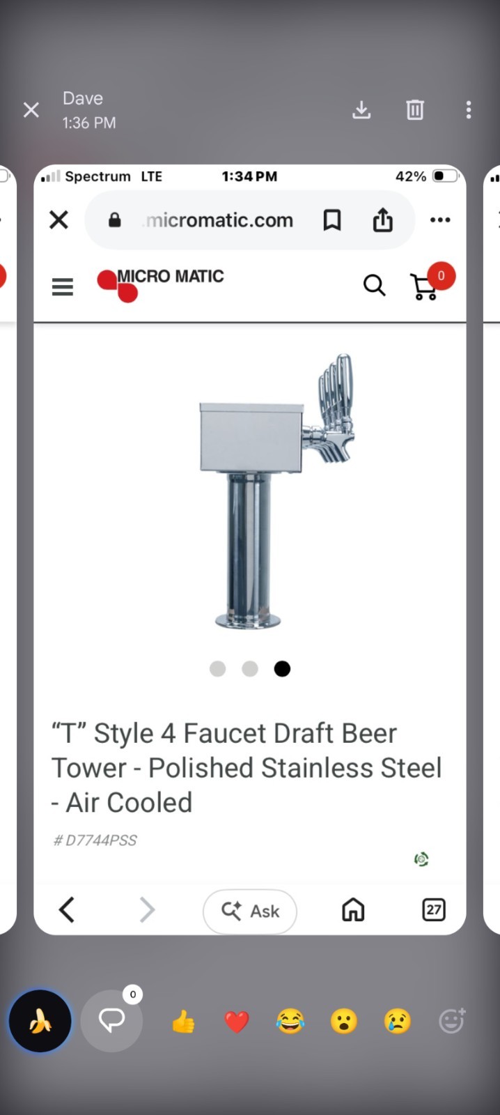 Stainless Steel Draft Beer Tower 4 Faucets Air Cooled Micro Matic D7744pss NEW