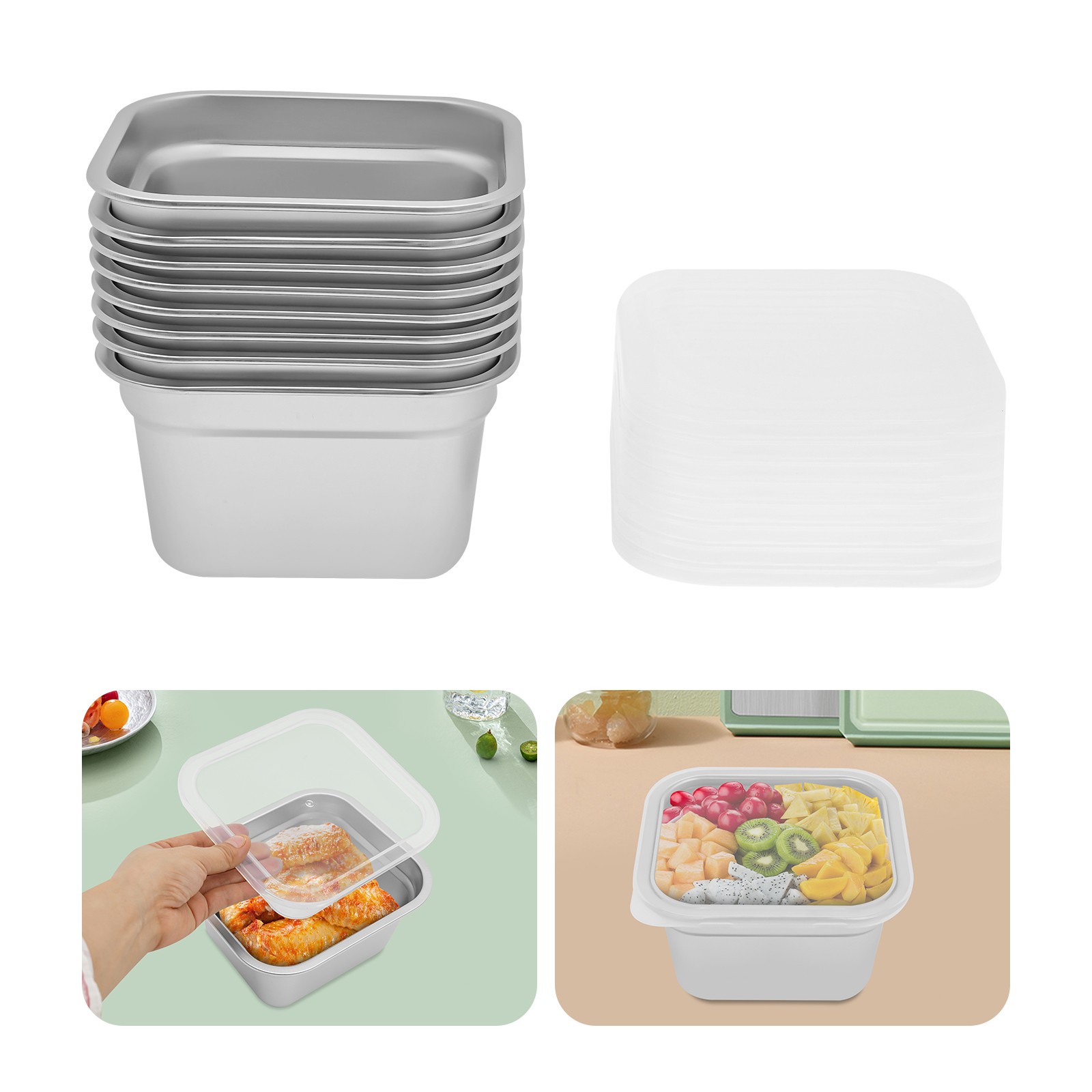 8 Pack Stainless Steel, PP Pans with Lids Hotel Food Prep Pan Silver Hotel Pans