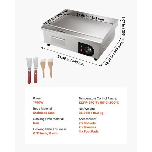 Commercial Electric Griddle, 1750W, 122-570°F Adjustable Temp Control, Stainles