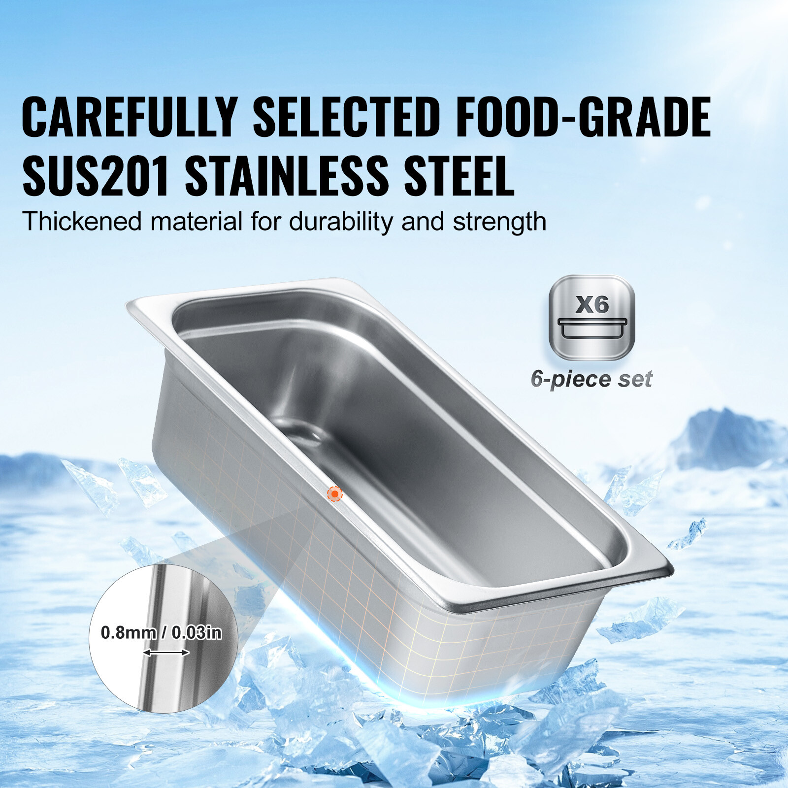 VEVOR 6 Pack 1/3 Size Hotel Pans Steam Table Pan Stainless Steel 4″ Deep