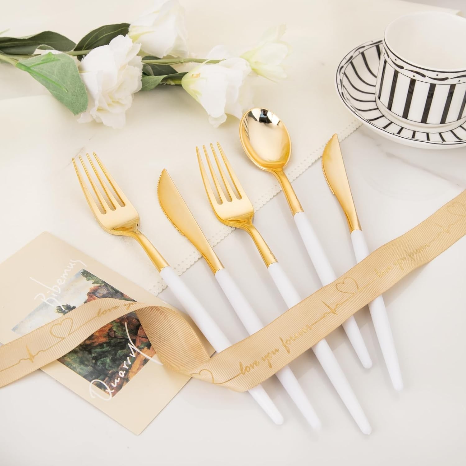 144Pcs Gold Plastic Silverware, Gold Plastic Utensils Set,Disposable Utensils