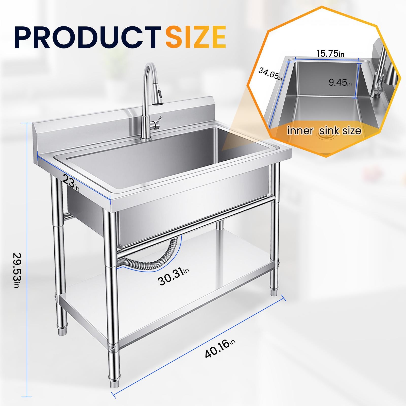Stainless Steel Utility Sink 40″ Bathroom Sinks with 360° Rotate&Pull-out Faucet