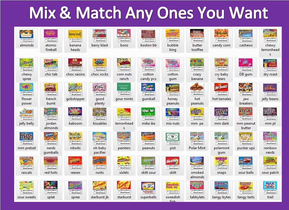 6 Product CANDY VENDING MACHINE STICKERS LABELS NUTRITION QUICK & FREE Ship